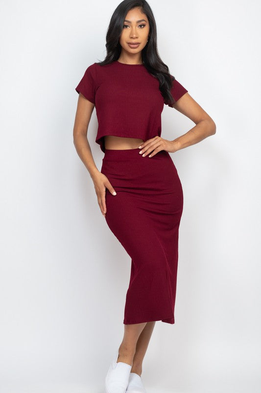 Ribbed Solid Top & Midi Skirt Set - Anew Couture