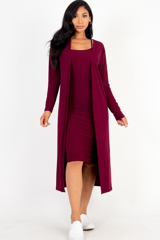Ribbed Cardigan & Cami Midi Bodycon Dress - Anew Couture