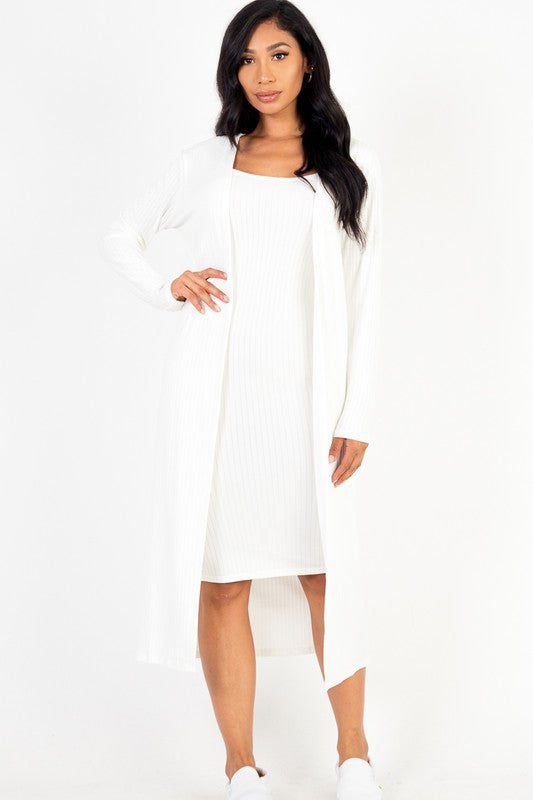 Ribbed Cardigan & Cami Midi Bodycon Dress - Anew Couture