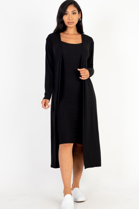 Ribbed Cardigan & Cami Midi Bodycon Dress - Anew Couture