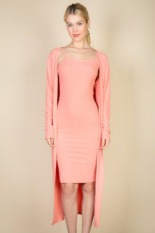 Ribbed Cardigan & Cami Midi Bodycon Dress - Anew Couture
