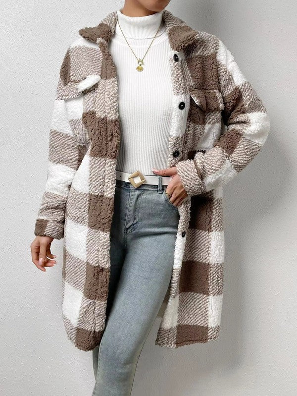 Sherpa plaid long coat - Anew Couture