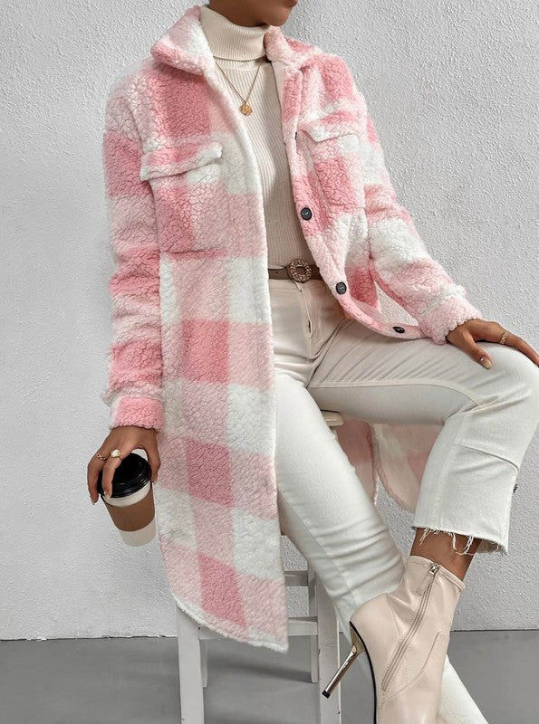 Sherpa plaid long coat - Anew Couture