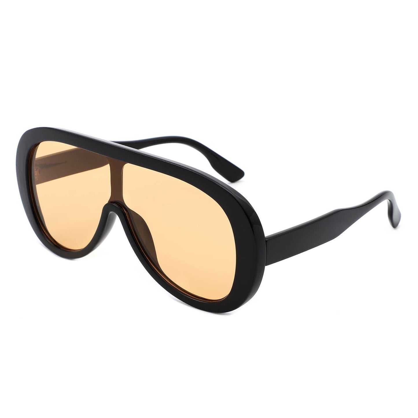 Black sunglasses with gold lenses on a white background