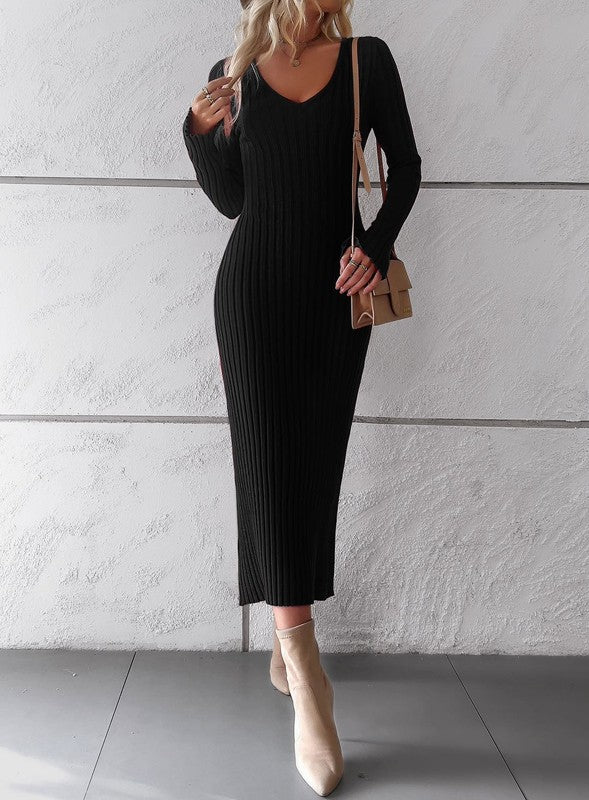 Ribbed Knit Long Sleeve Midi Dress - Anew Couture