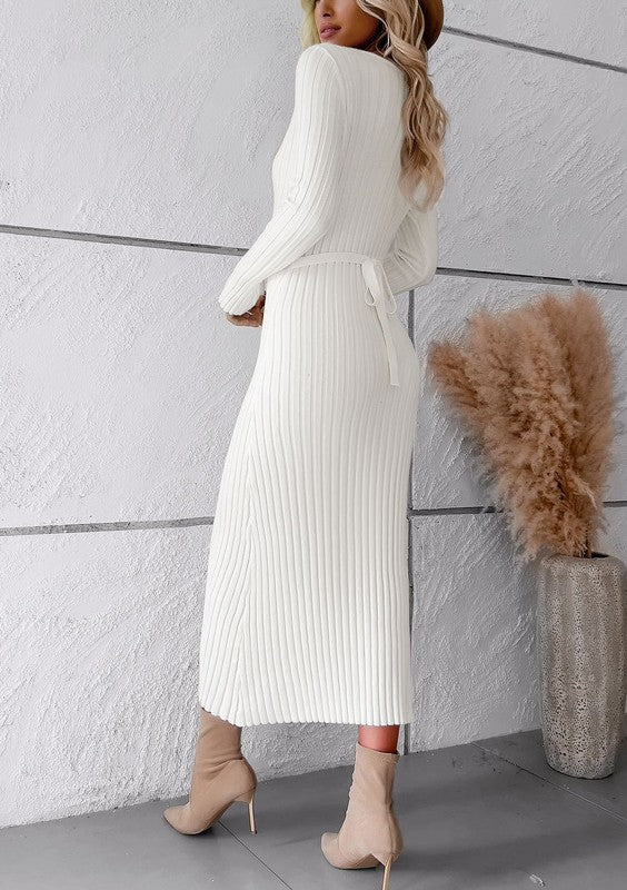 Ribbed Knit Long Sleeve Midi Dress - Anew Couture