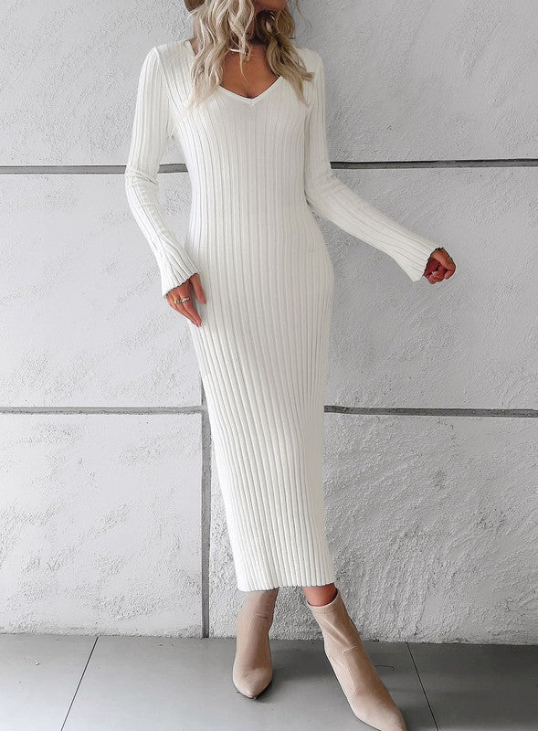 Ribbed Knit Long Sleeve Midi Dress - Anew Couture