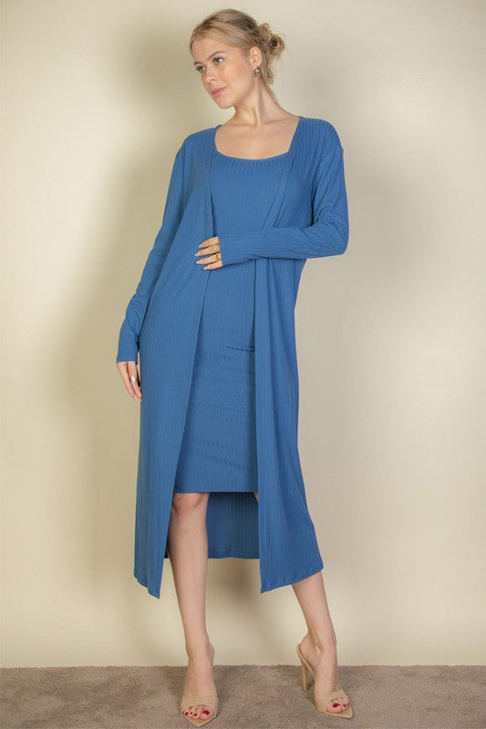 Ribbed Cardigan & Cami Midi Bodycon Dress - Anew Couture