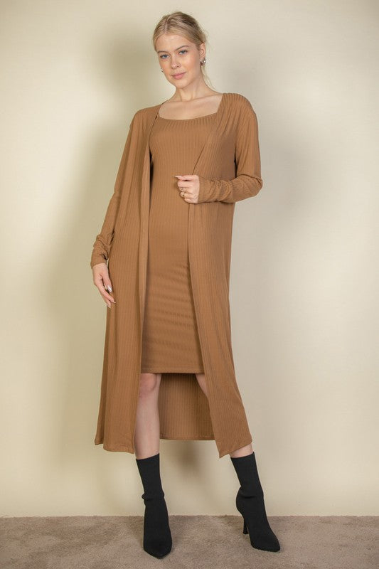 Ribbed Cardigan & Cami Midi Bodycon Dress - Anew Couture