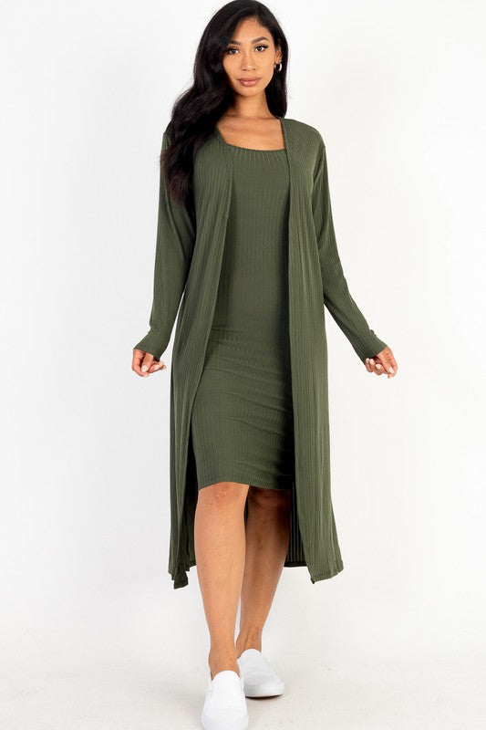 Ribbed Cardigan & Cami Midi Bodycon Dress - Anew Couture
