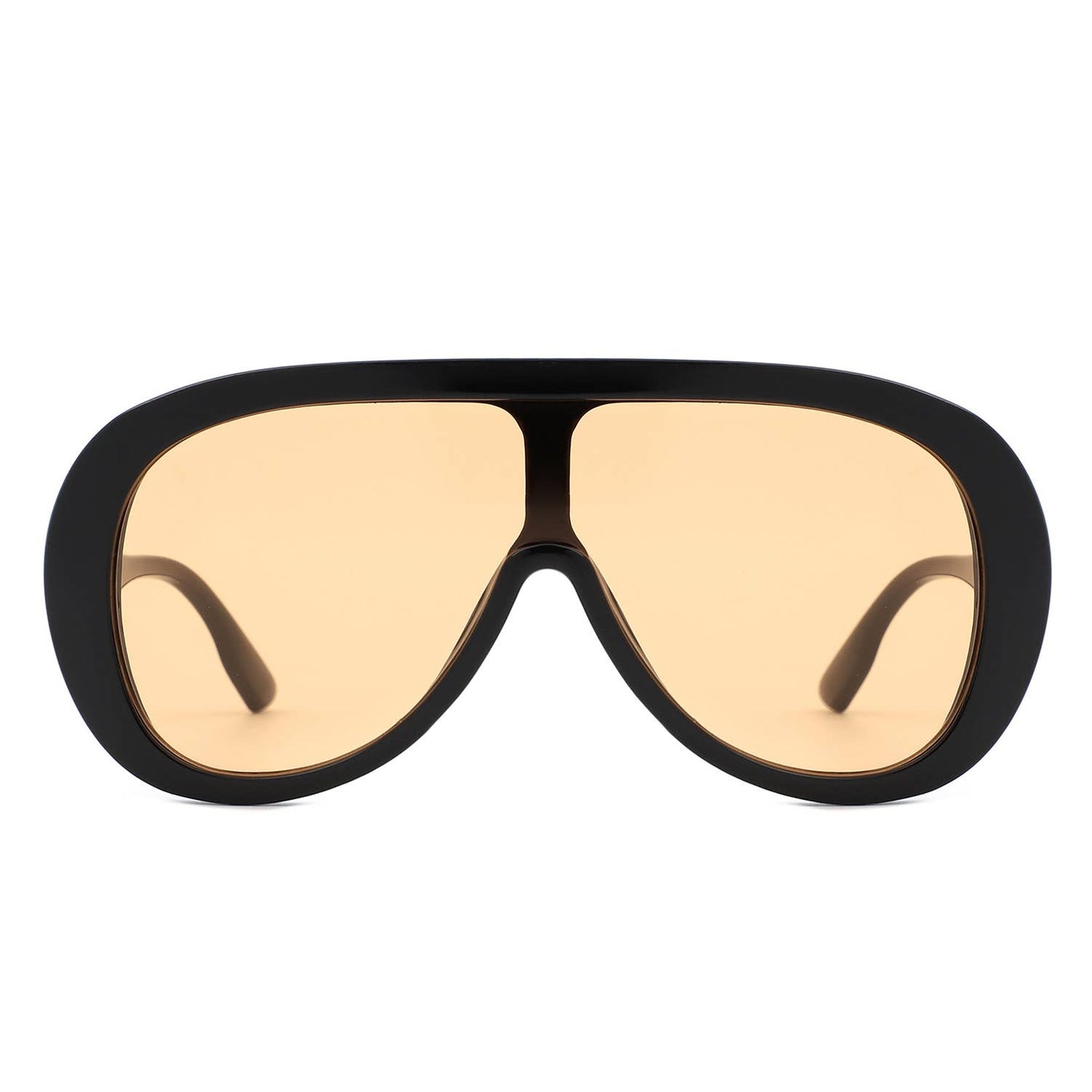 Sunglasses with black frame and beige lenses on a white background
