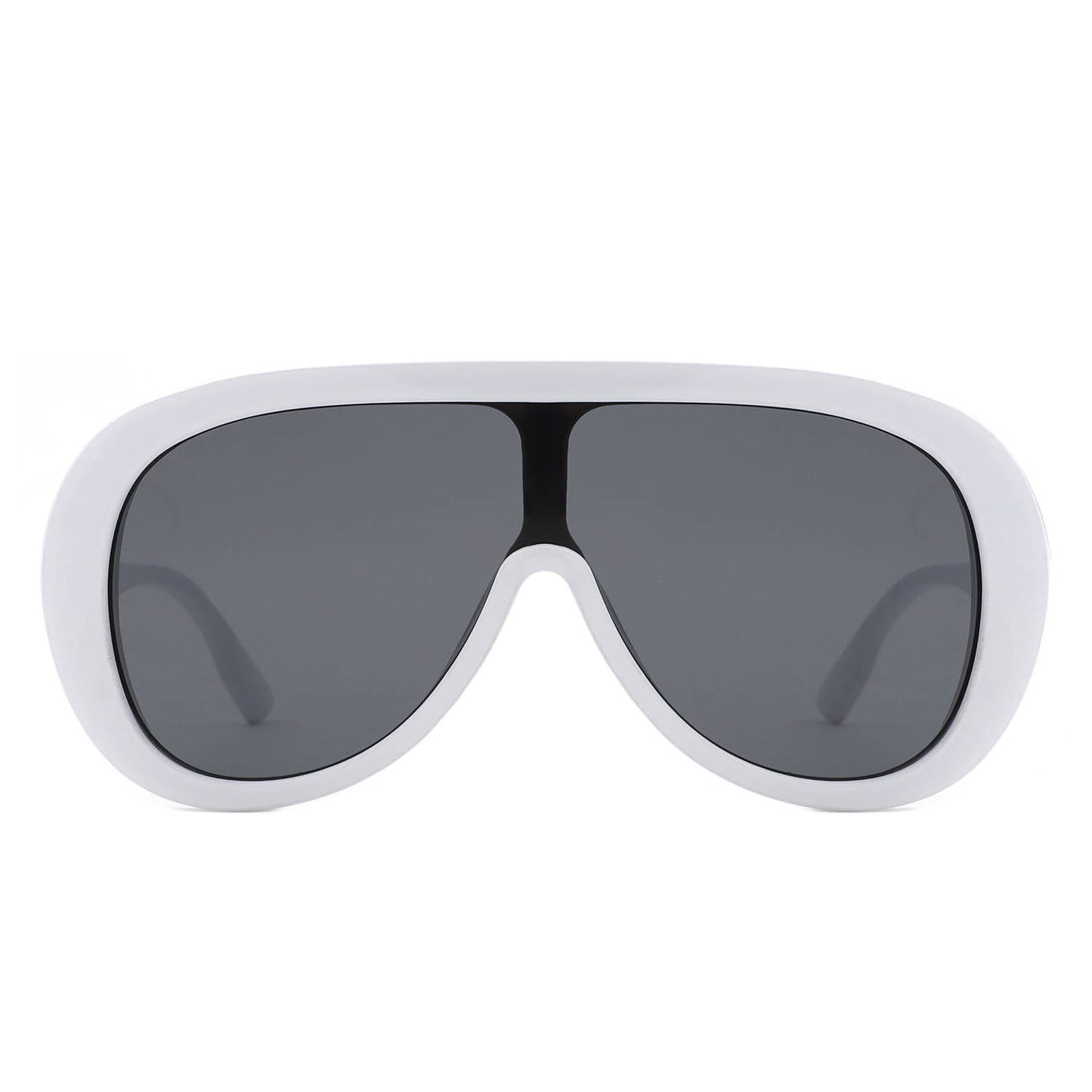 Sunglasses with white frame and dark lenses on a white background