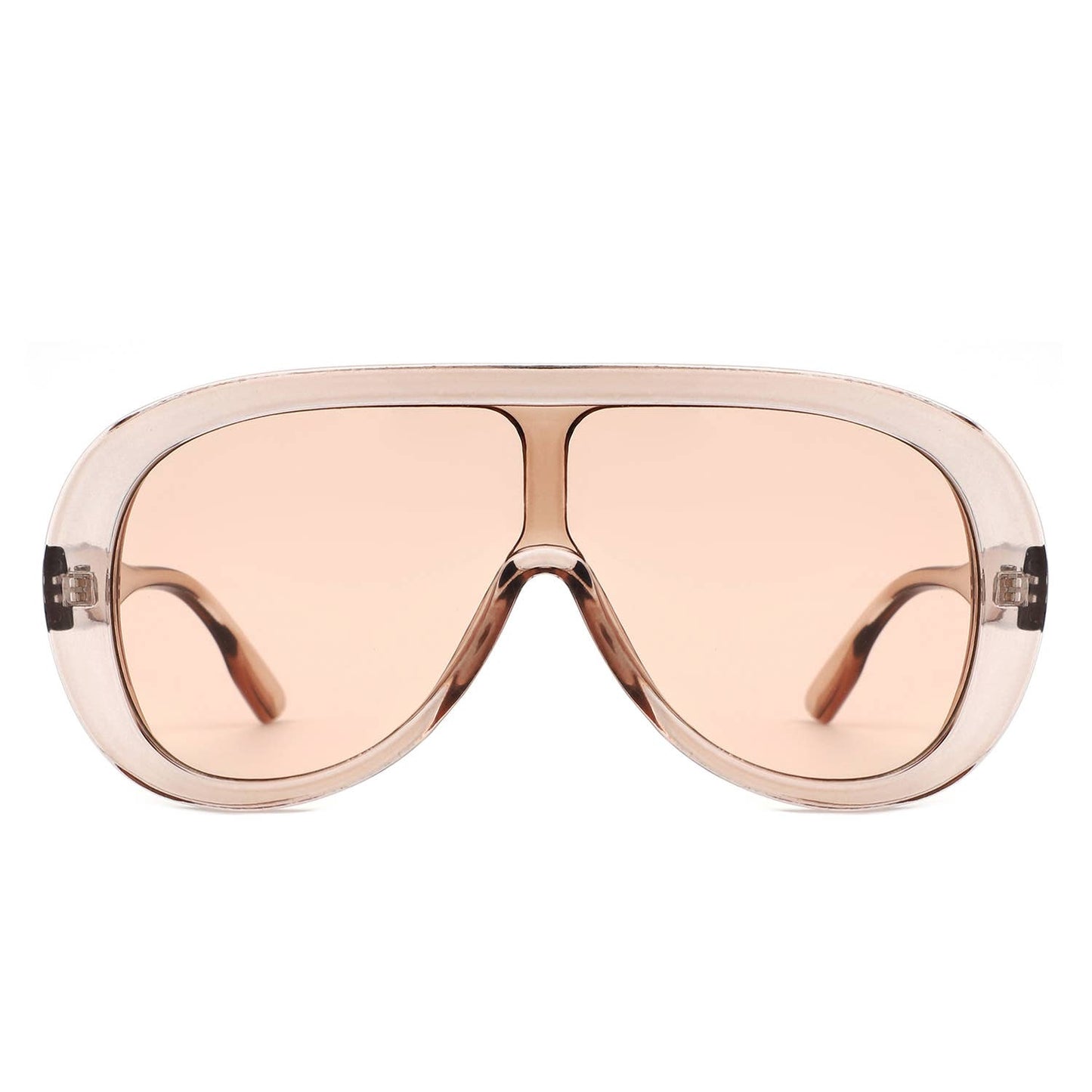 Sunglasses with a beige frame and lens on a white background
