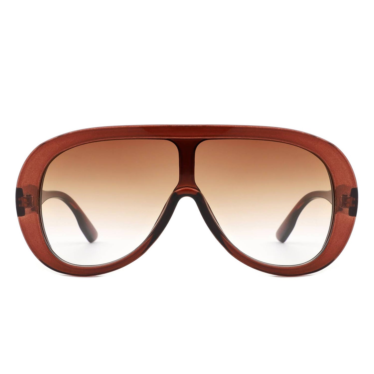 Brown sunglasses with a shield design on a white background