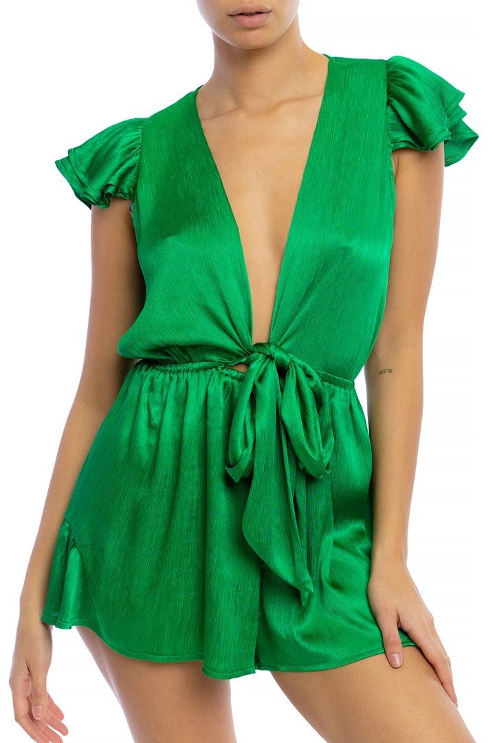 Crinkle Green Satin Tie Romper - Anew Couture