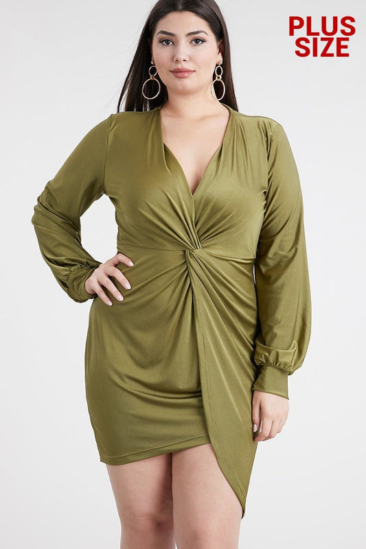 Olive Long Sleeve Drape Dress (Plus) - Anew Couture