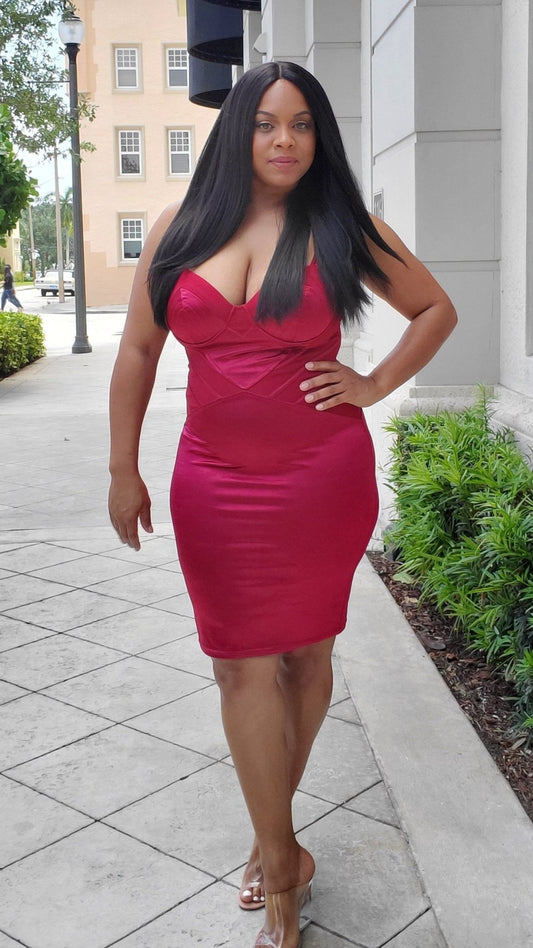 Red Satin Bustier Bodycon Dress - Anew Couture