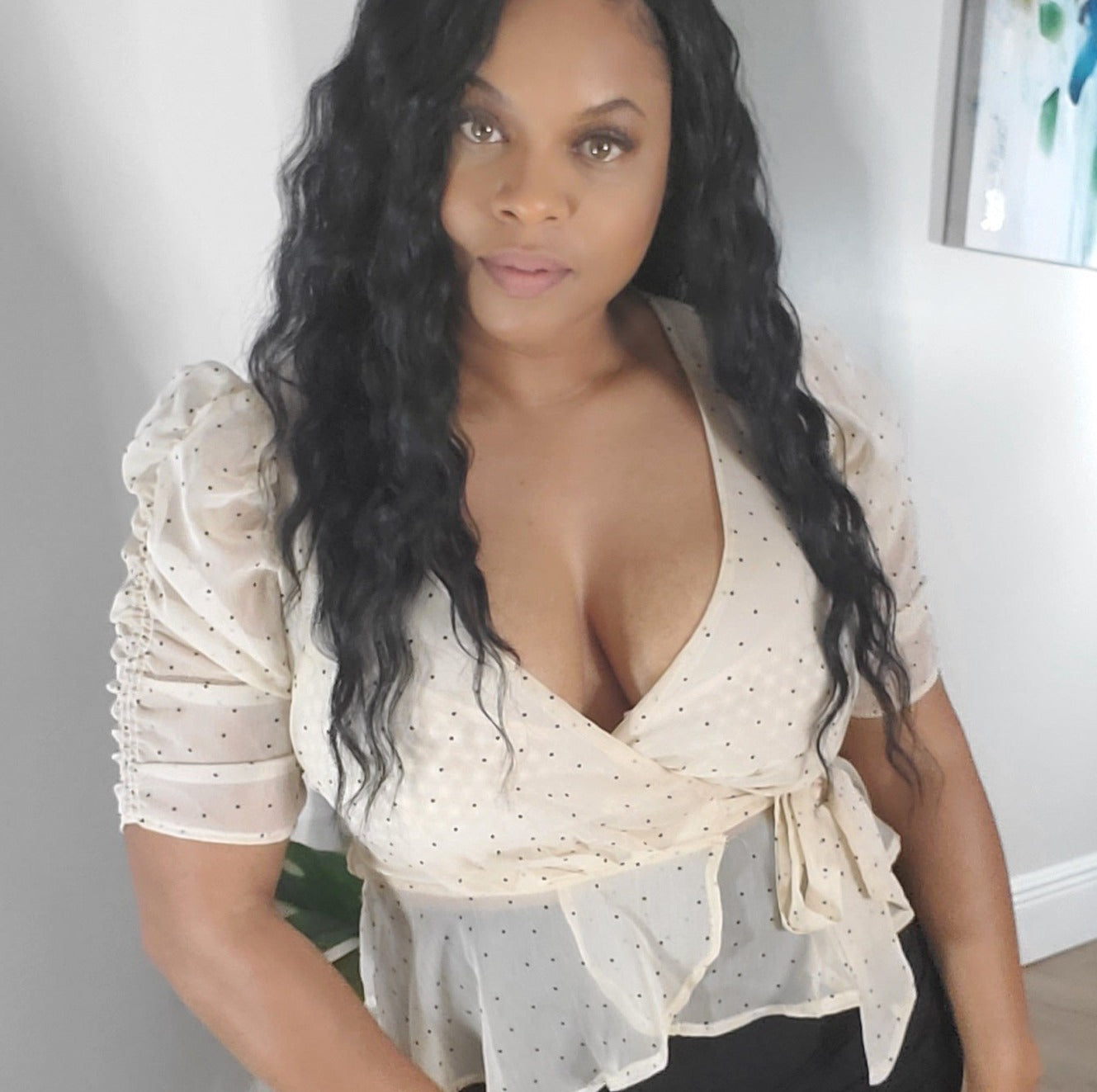 taupe polka dot wrap blouse