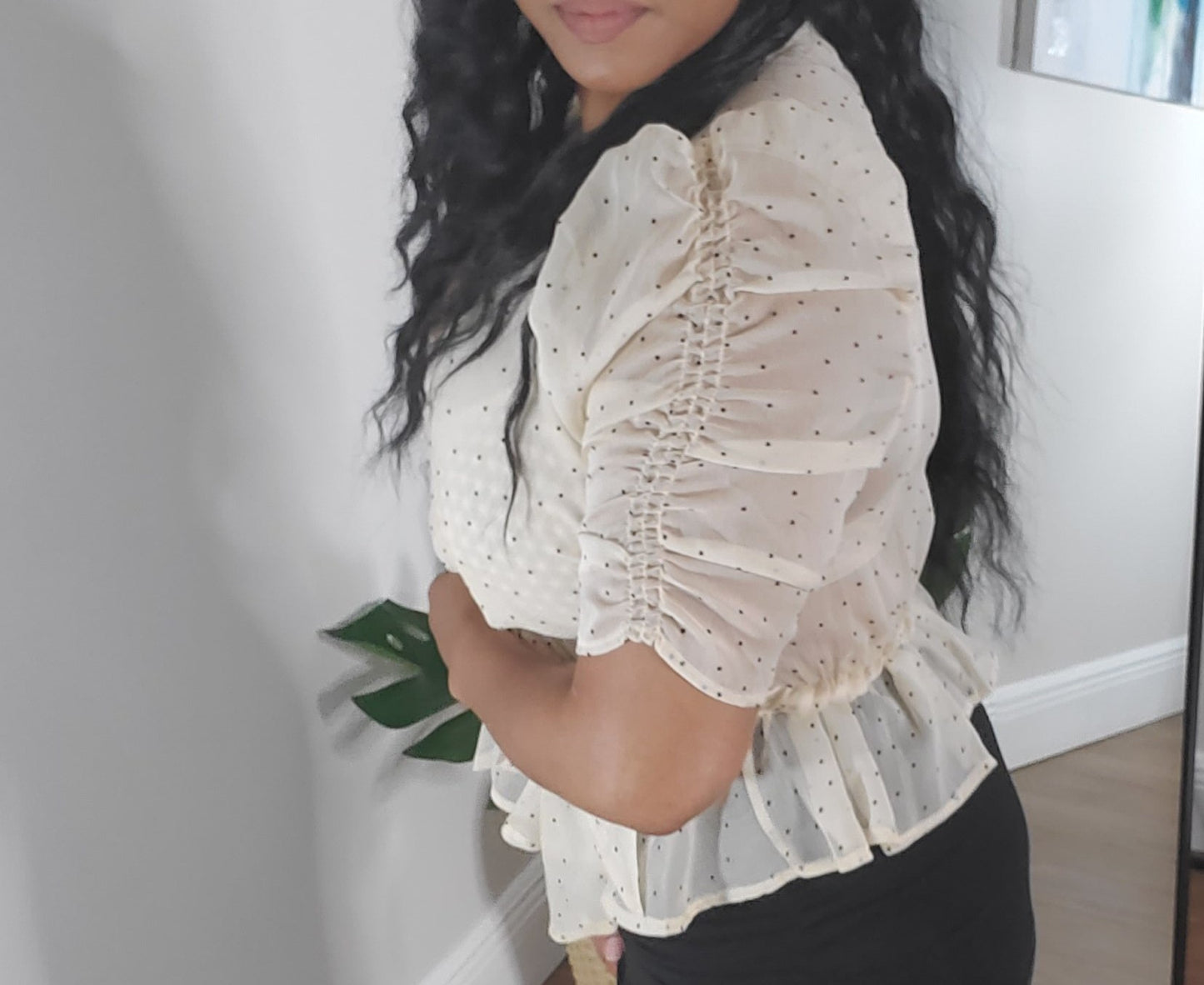 taupe polka dot wrap blouse