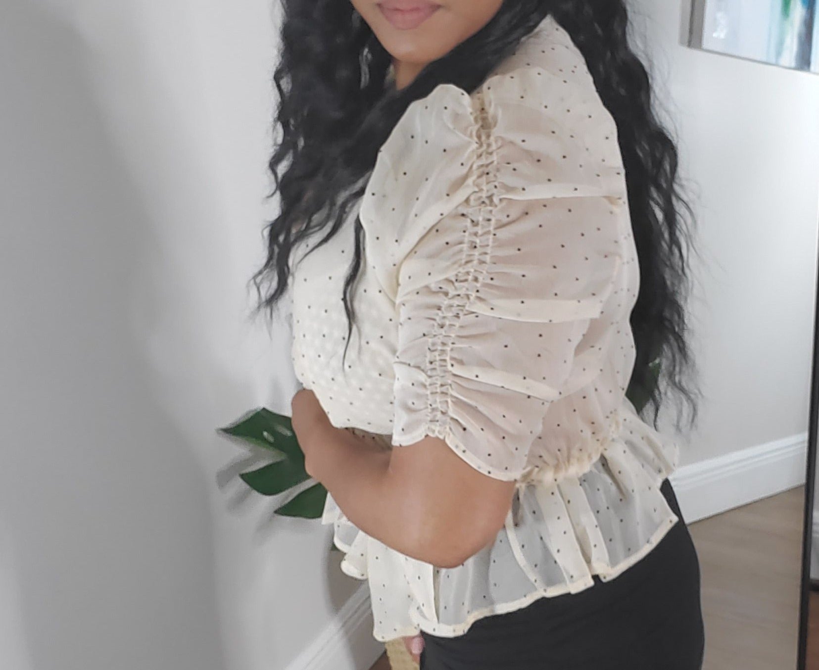 taupe polka dot wrap blouse