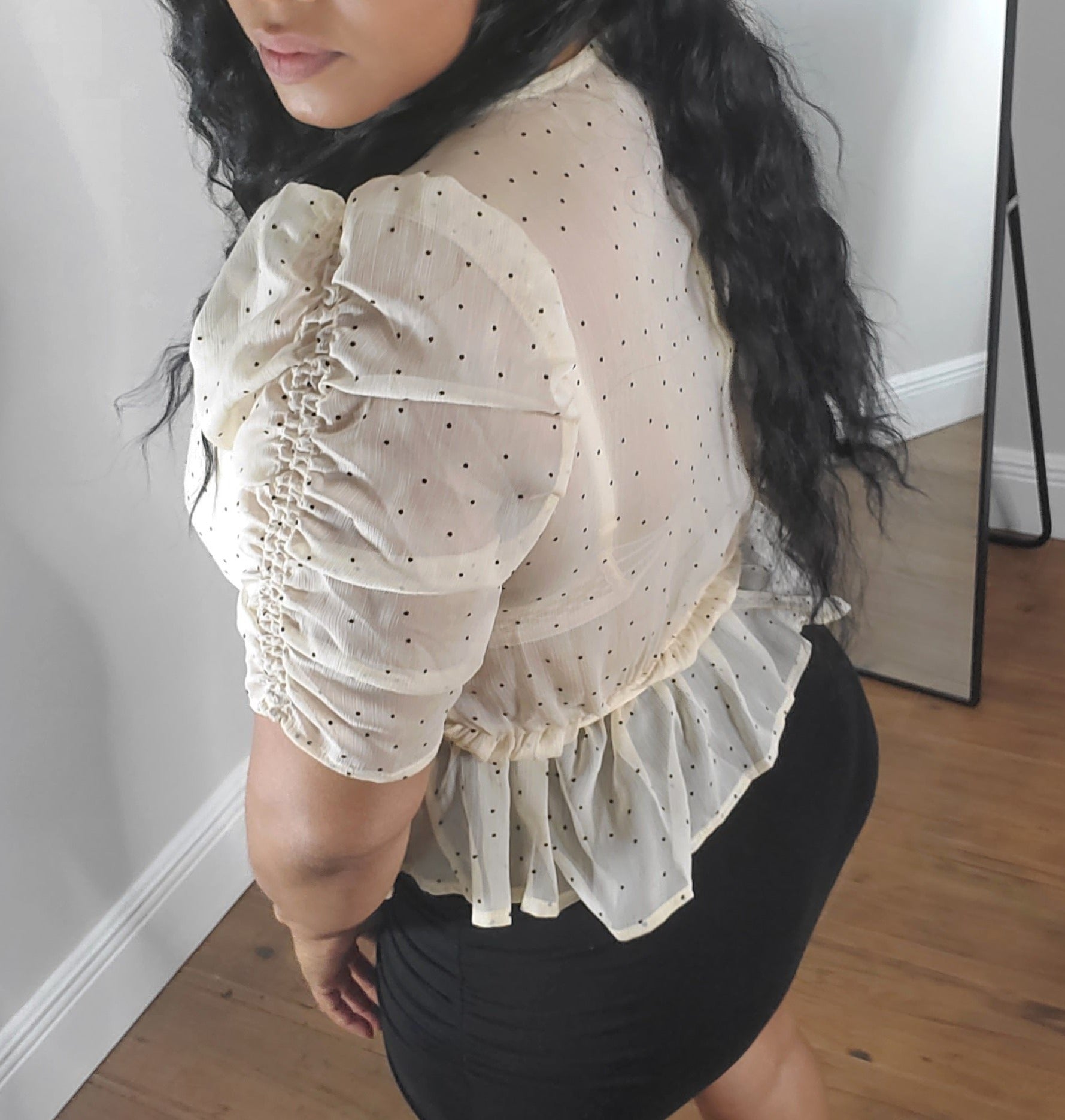 taupe polka dot wrap blouse