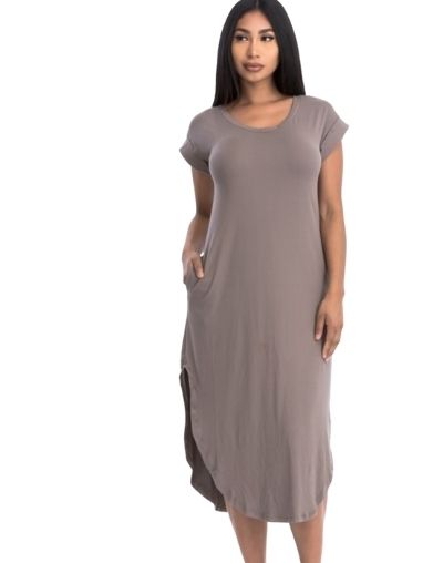 Front view of taupe T-shirt dress showing relaxed fit and round hem