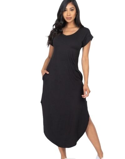 Woman modeling black T-shirt maxi dress with cap sleeves.