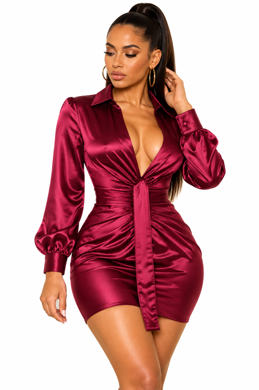 Satin Blouse Dress With Pleated Skirt - Anew Couture