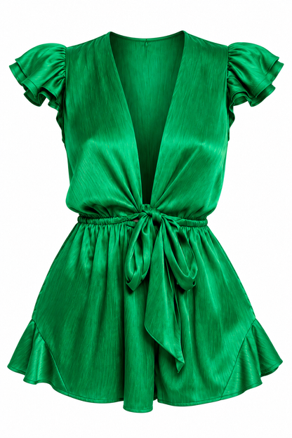 Crinkle Green Satin Tie Romper - Anew Couture