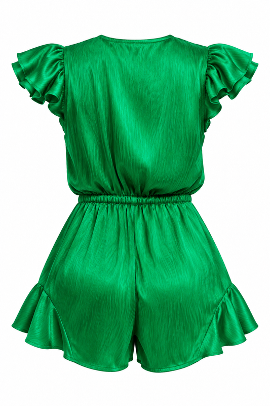 Crinkle Green Satin Tie Romper - Anew Couture