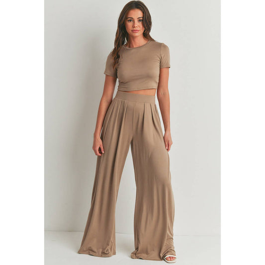 Brown Crop Top with Wide Leg Palazzo Pants Set - Anew Couture