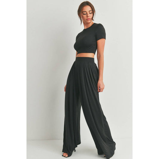 Black Crop Top with Wide Leg Palazzo Pants Set - Anew Couture