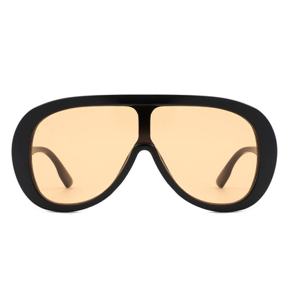 Sunglasses with black frame and beige lenses on a white background