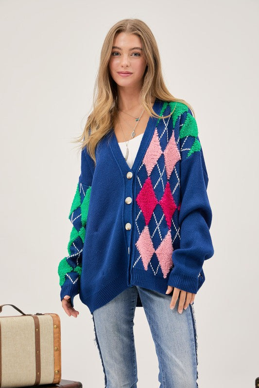 Plush Argyle Loose Fit Knit Cardigan - Anew Couture
