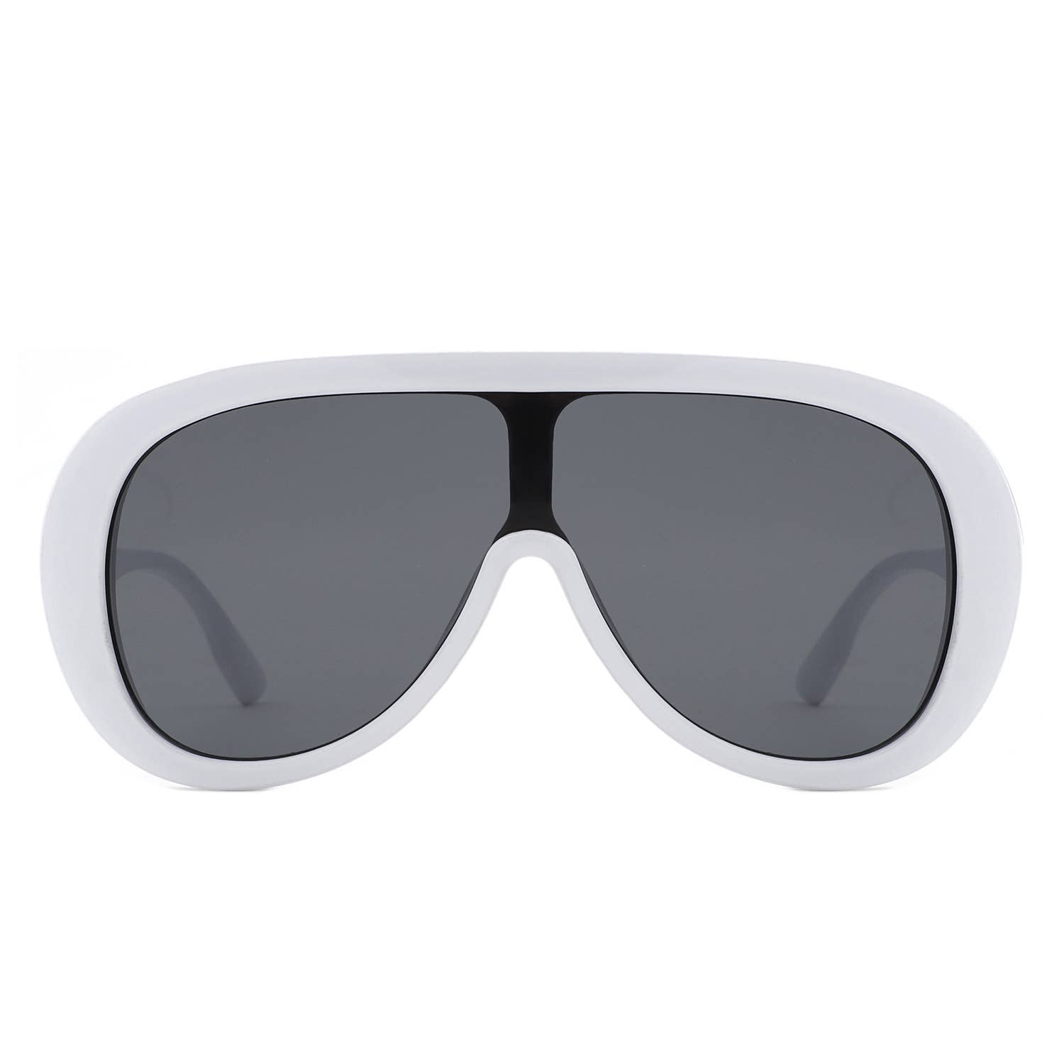 Sunglasses with white frame and dark lenses on a white background
