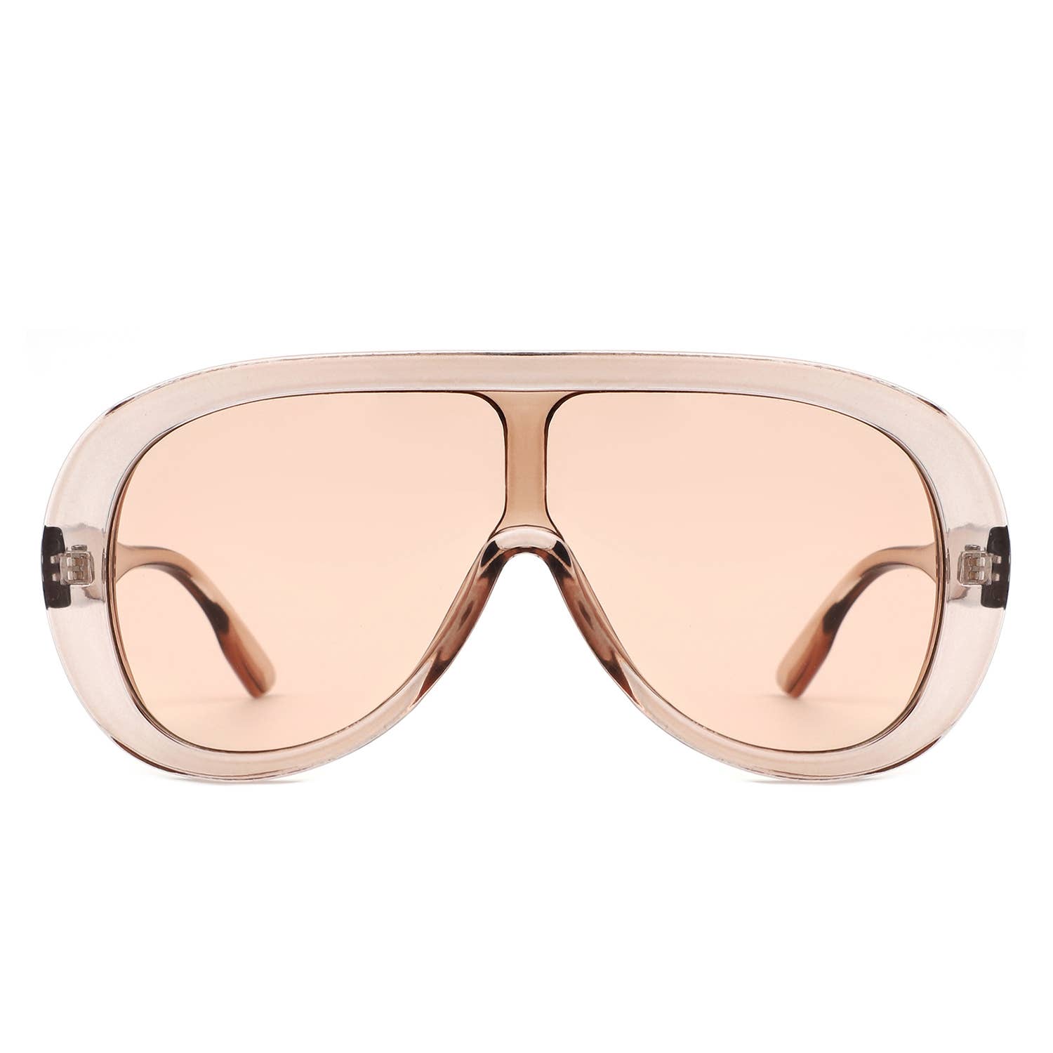 Sunglasses with a beige frame and lens on a white background