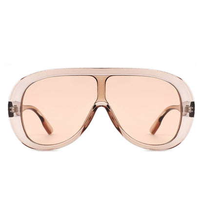 Sunglasses with a beige frame and lens on a white background