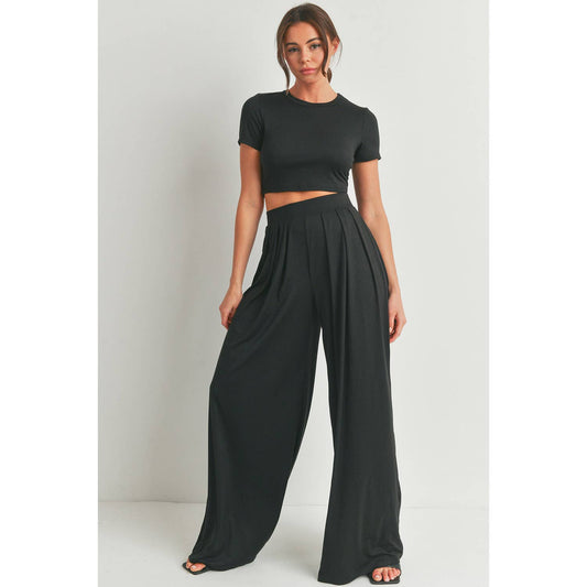 Black Crop Top with Wide Leg Palazzo Pants Set - Anew Couture