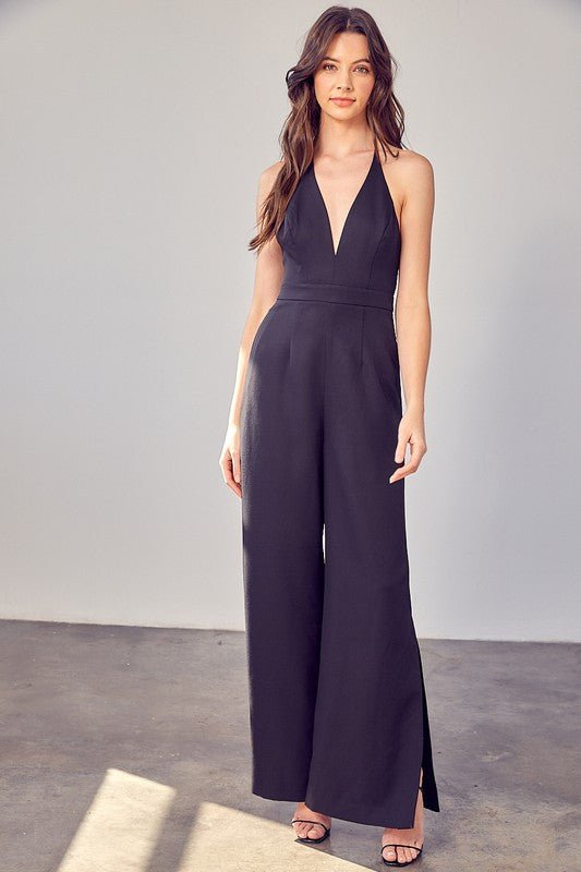 Deep V-Neck Wide Leg Jumpsuit - Anew Couture