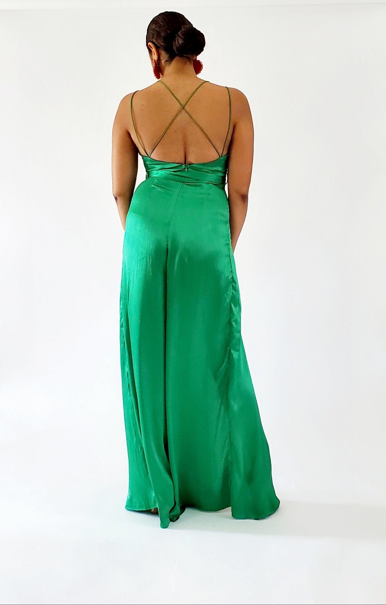 Emerald Satin Split Legged Jumpsuit - Anew Couture