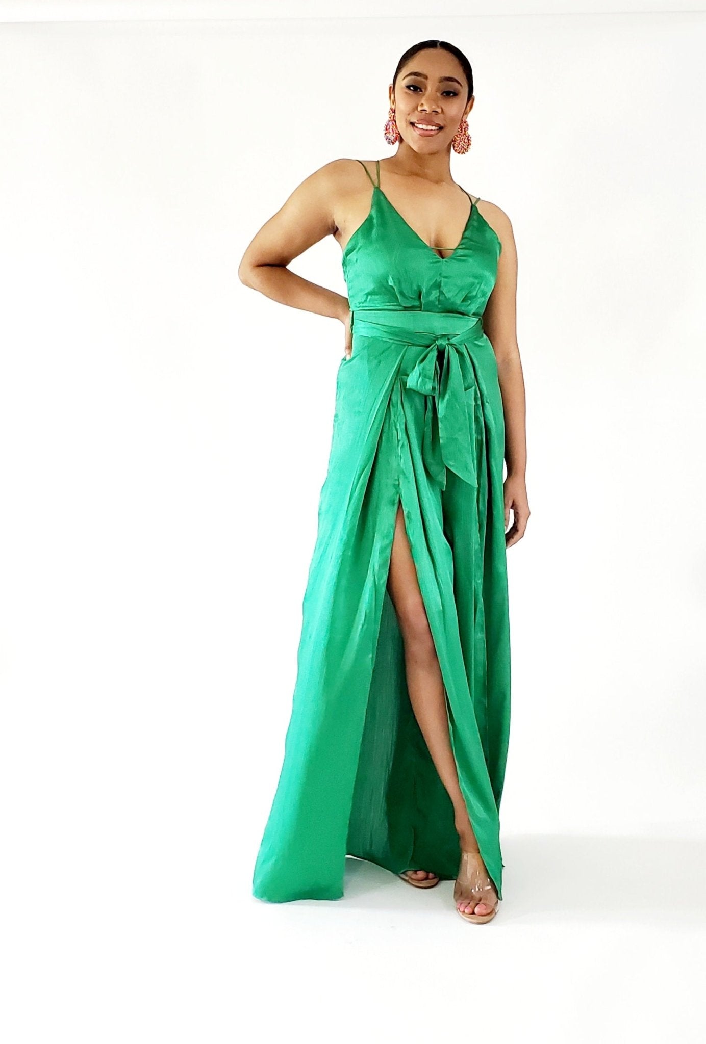 Emerald Satin Split Legged Jumpsuit - Anew Couture