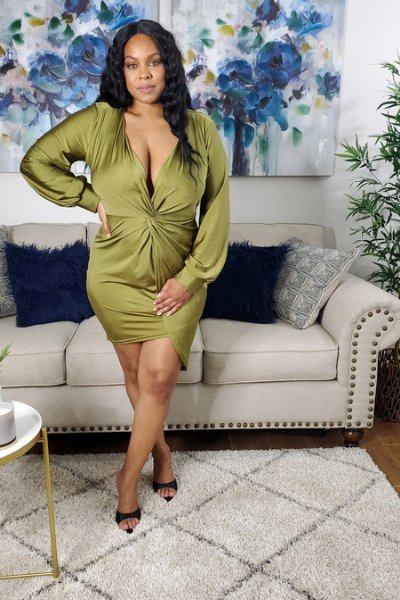 Olive Long Sleeve Drape Dress (Plus) - Anew Couture