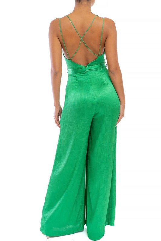 Emerald Satin Split Legged Jumpsuit - Anew Couture